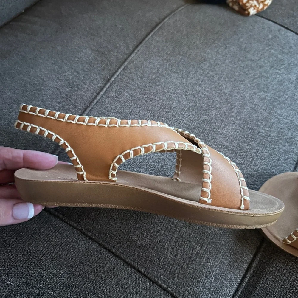 Lucky Brand Girl’s Tan Strappy Sandals with White Stitching Size 2